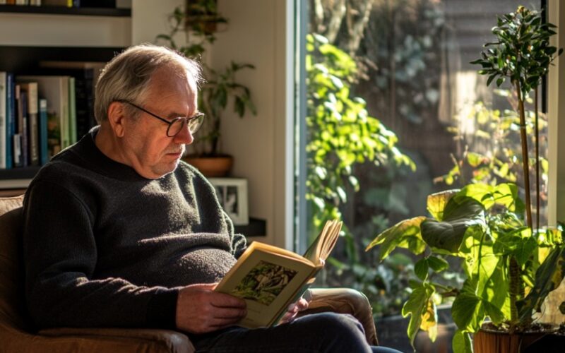 Een oudere man is een boek aan het lezen in zijn stoel.